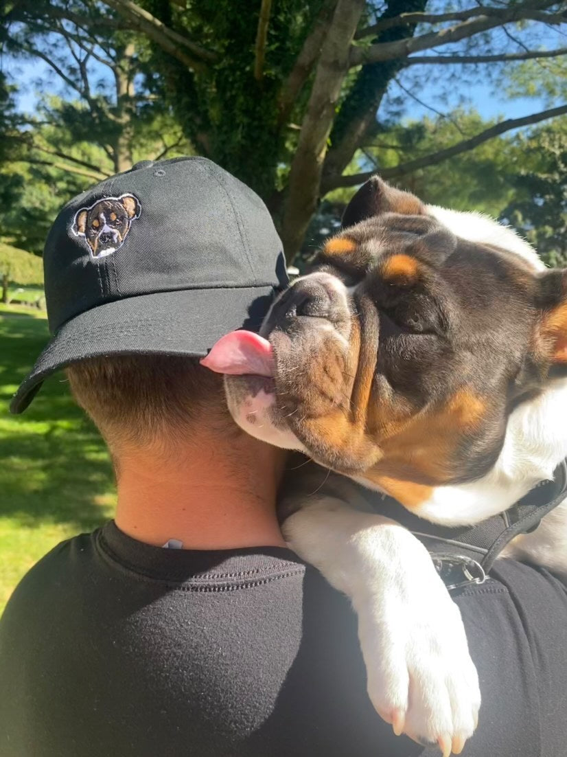 A happy bulldog licks his dog dads hat with his face on it.