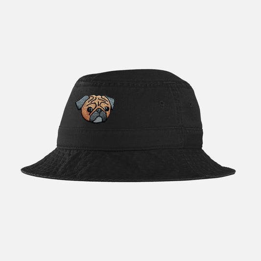 Black custom bucket hat with your dog, cat or pet embroidered on it.