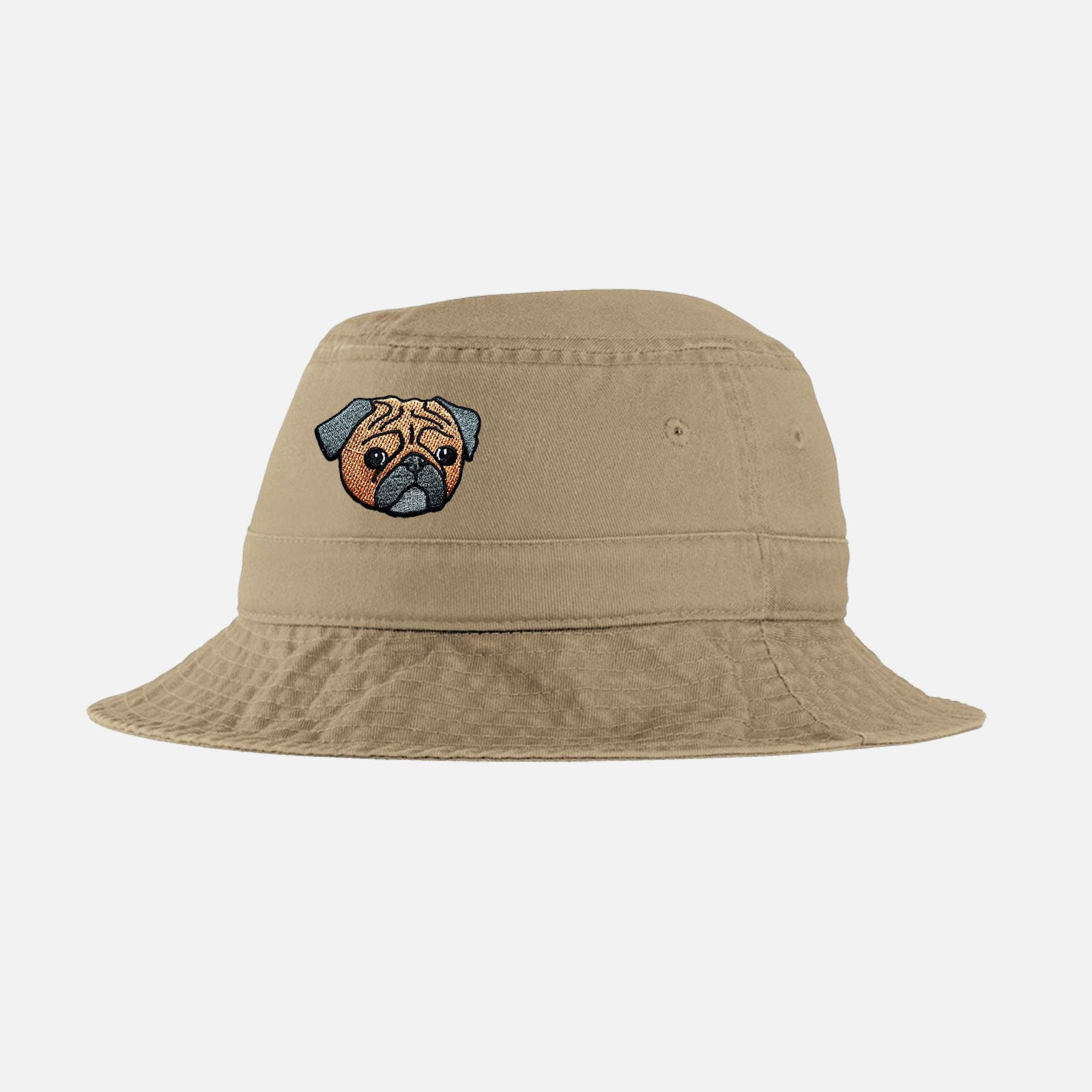 Khaki custom bucket hat with your dog, cat or pet embroidered on it.
