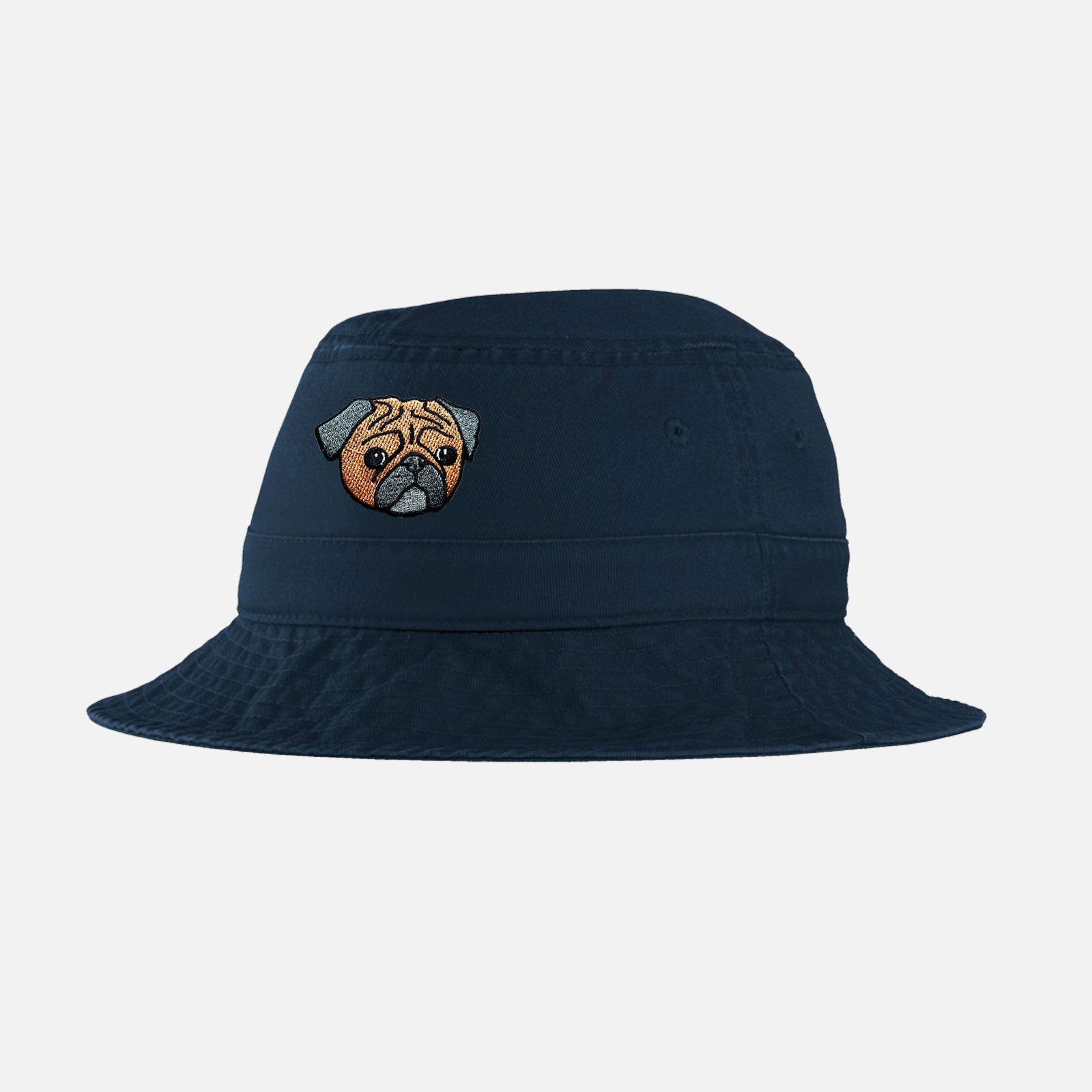 Navy custom bucket hat with your dog, cat or pet embroidered on it.