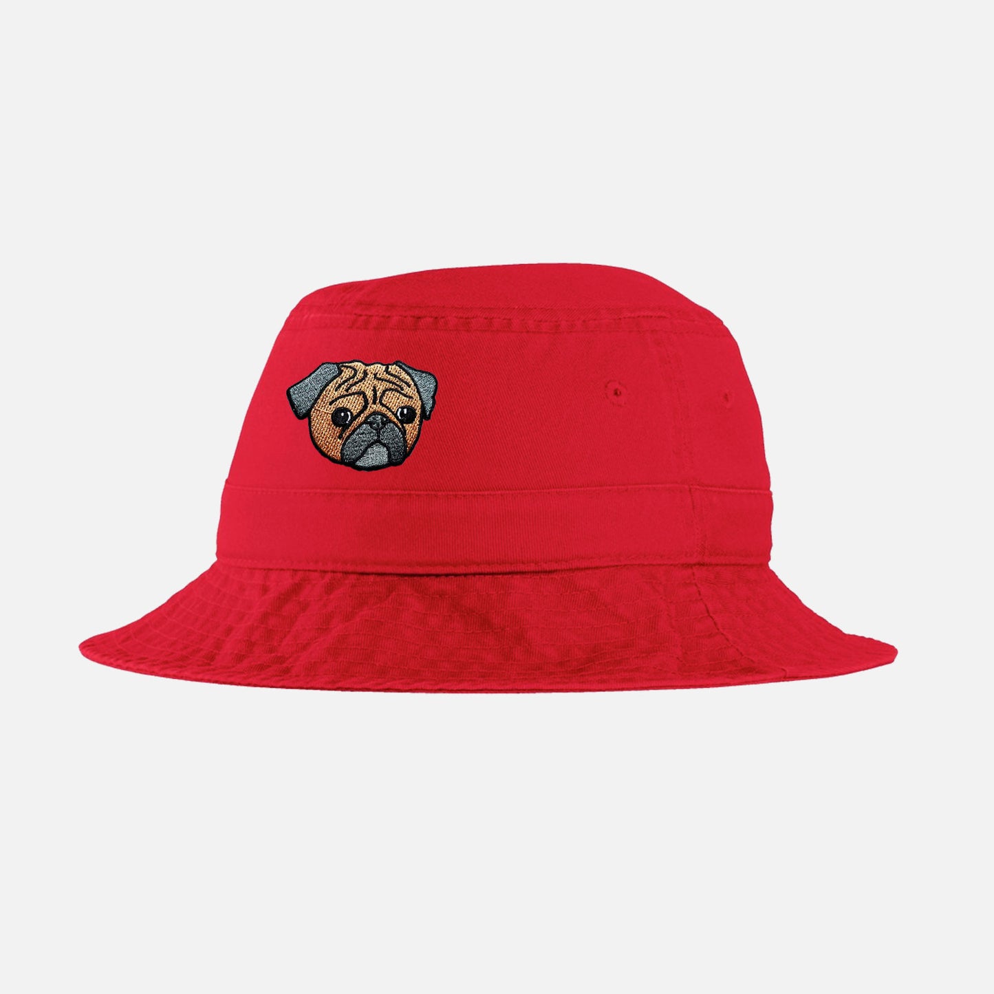 Red custom bucket hat with your dog, cat or pet embroidered on it.