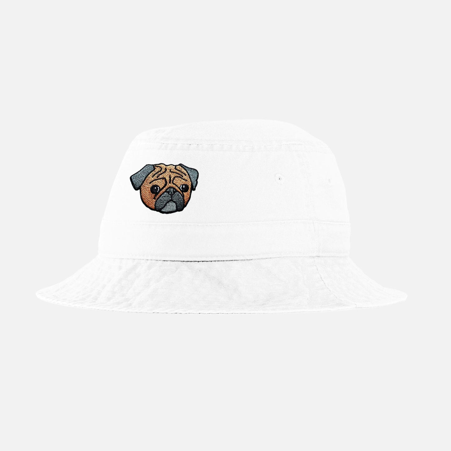 White custom bucket hat with your dog, cat or pet embroidered on it.