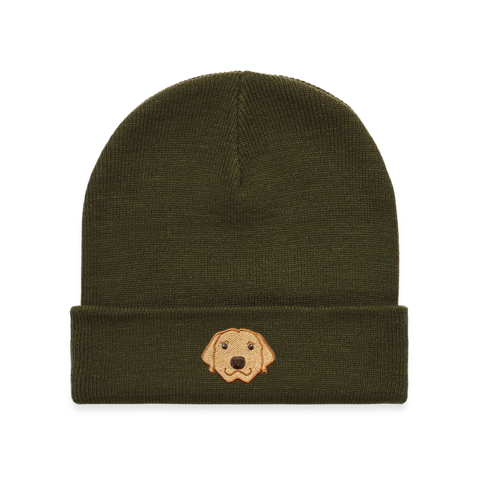Army green custom dog cuff beanie personalized and embroidered on the front.