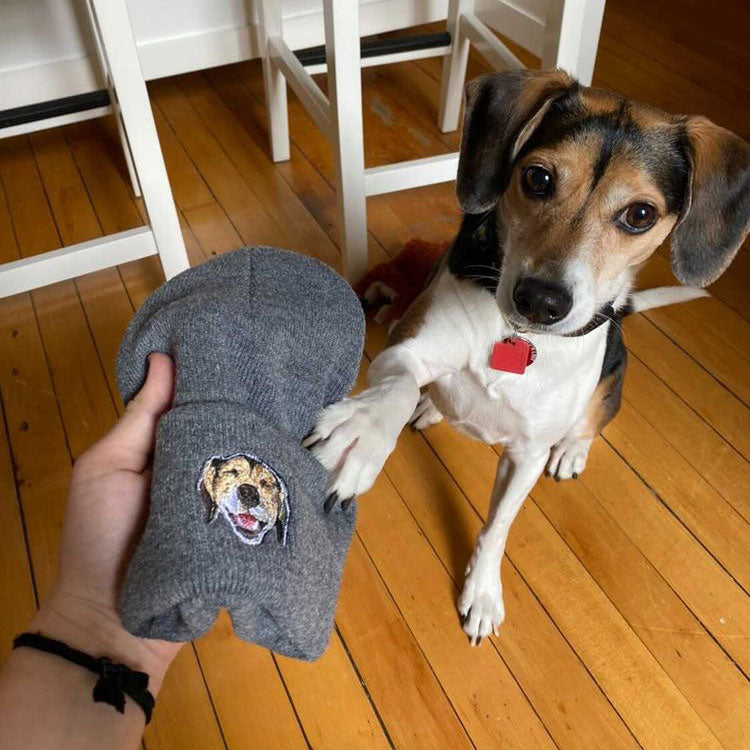 Oxford grey custom dog beanie with a beagle embroidered on it next to the same beagle putting their paw on the beanie.