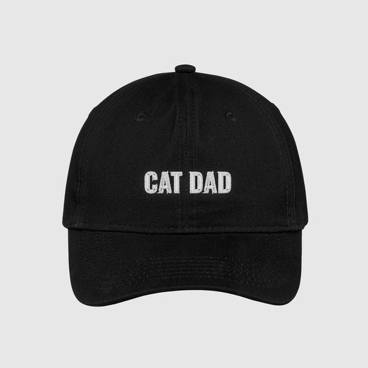 Black cat dad hat embroidered with white text