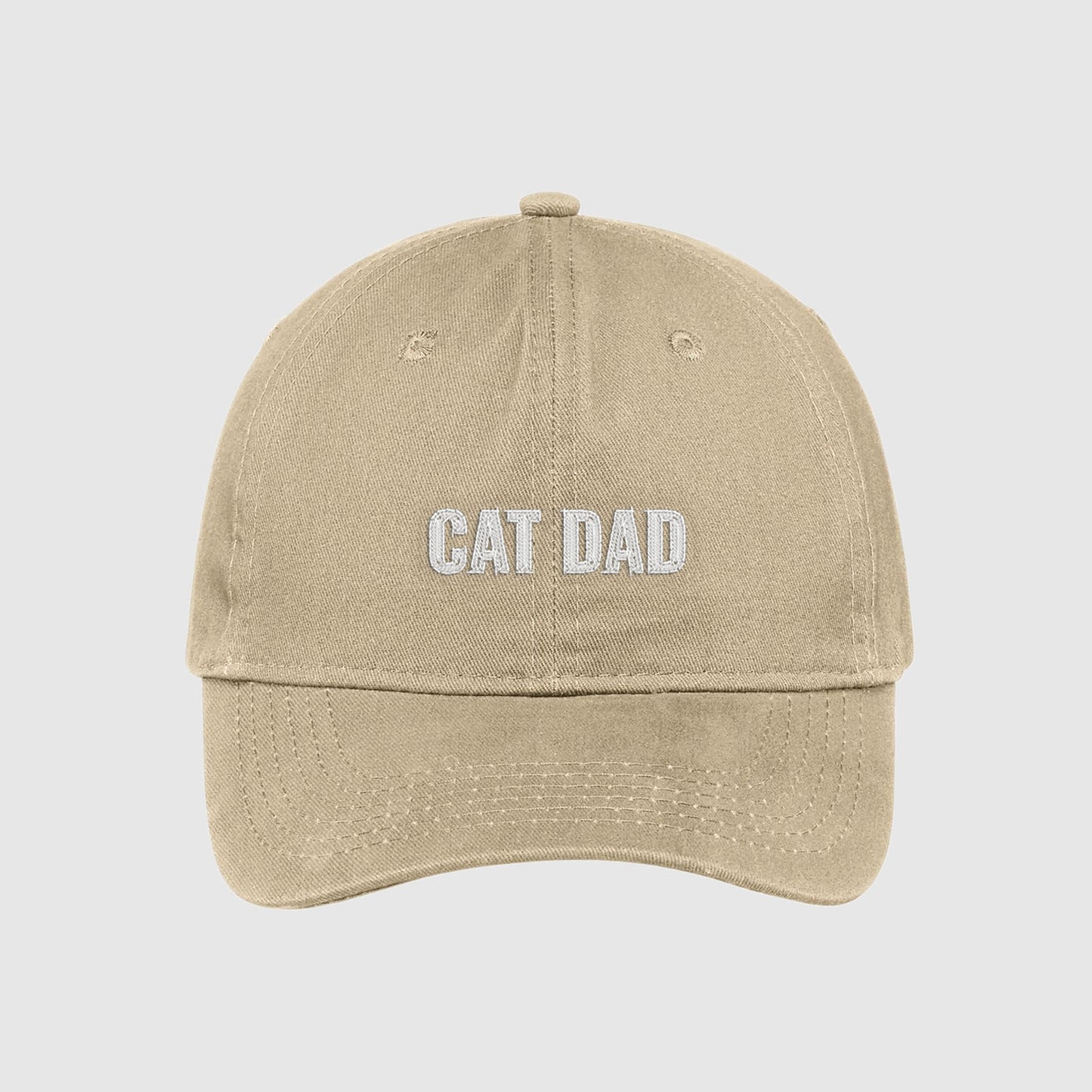 khaki cat dad hat embroidered with white text