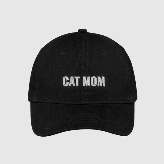 Black Cat Mom Hat embroidered with white text