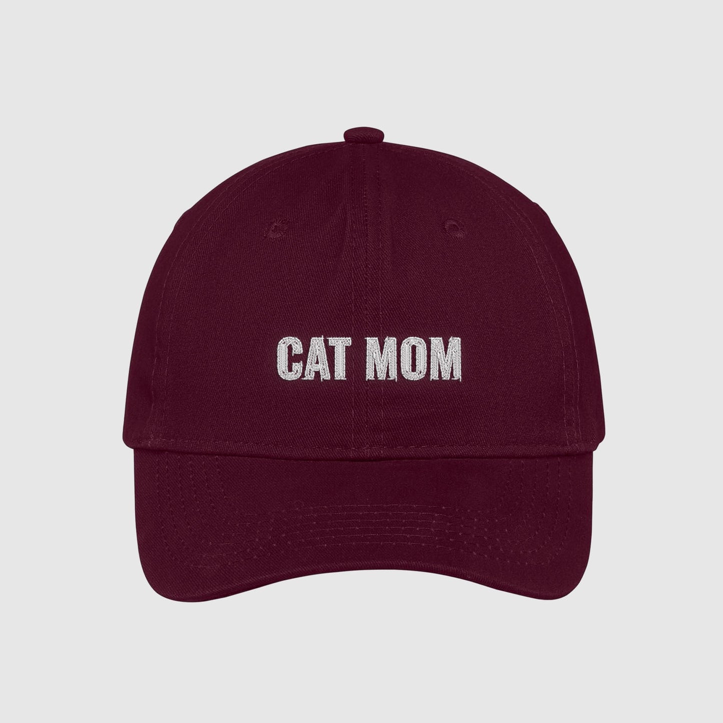 Maroon Cat Mom Hat embroidered with white text