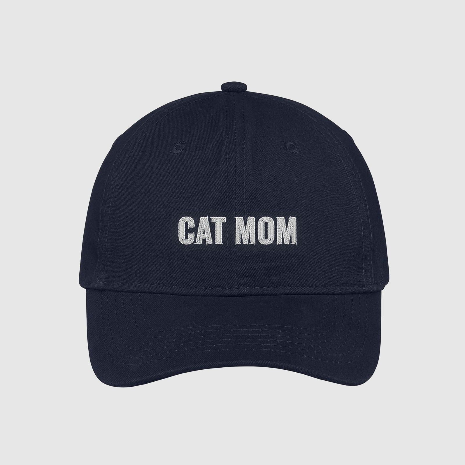 Navy Cat Mom dad Hat for cat moms embroidered with white text