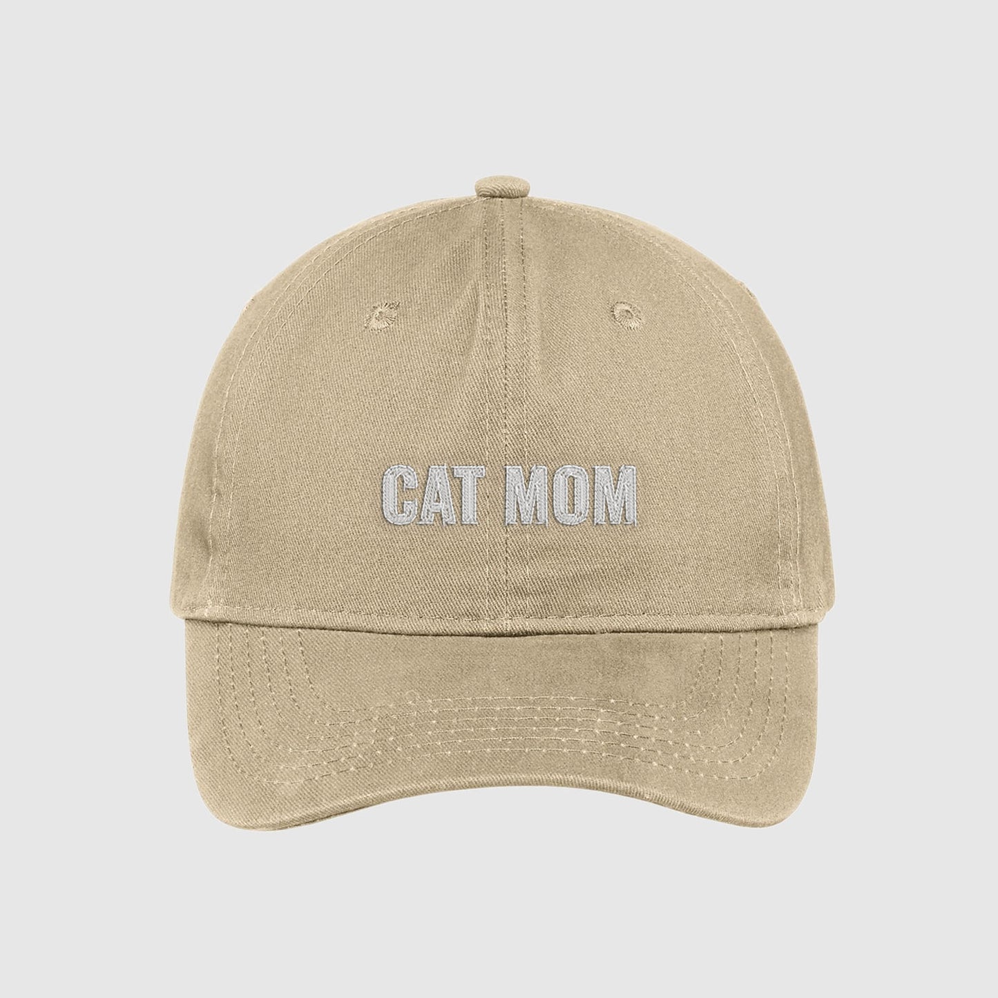Tan Cat Mom Hat embroidered with white text