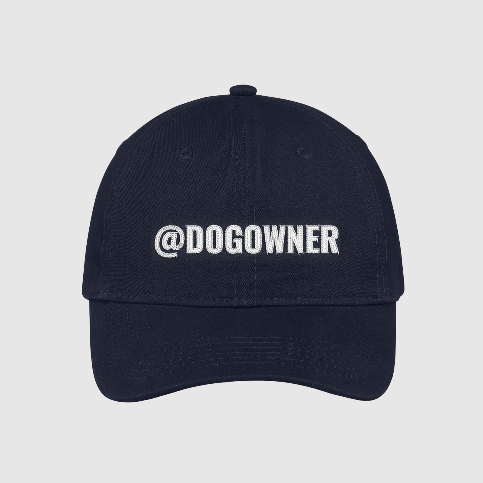 Navy customizable hat with your social media handle embroidered on the front.