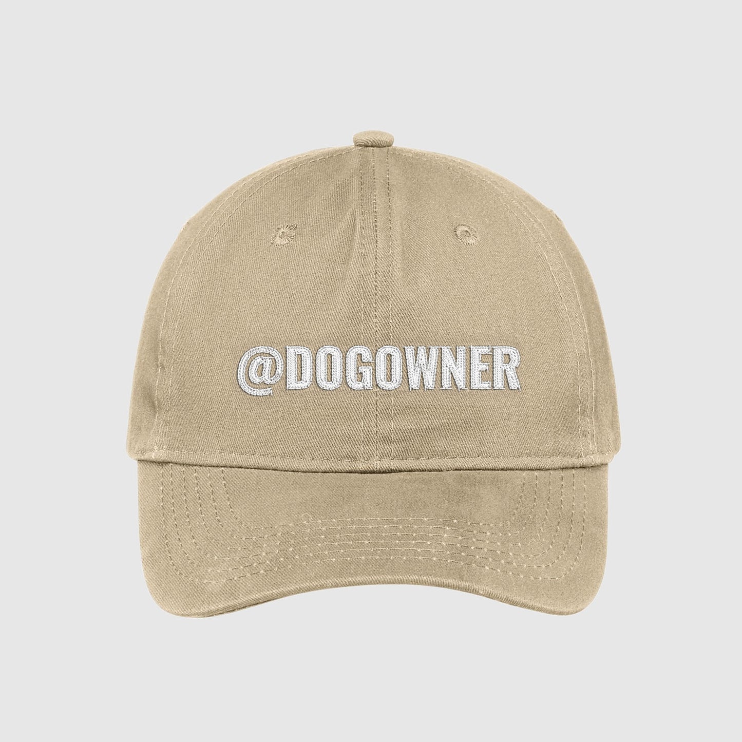 Khaki customizable hat with your social media handle embroidered on the front.