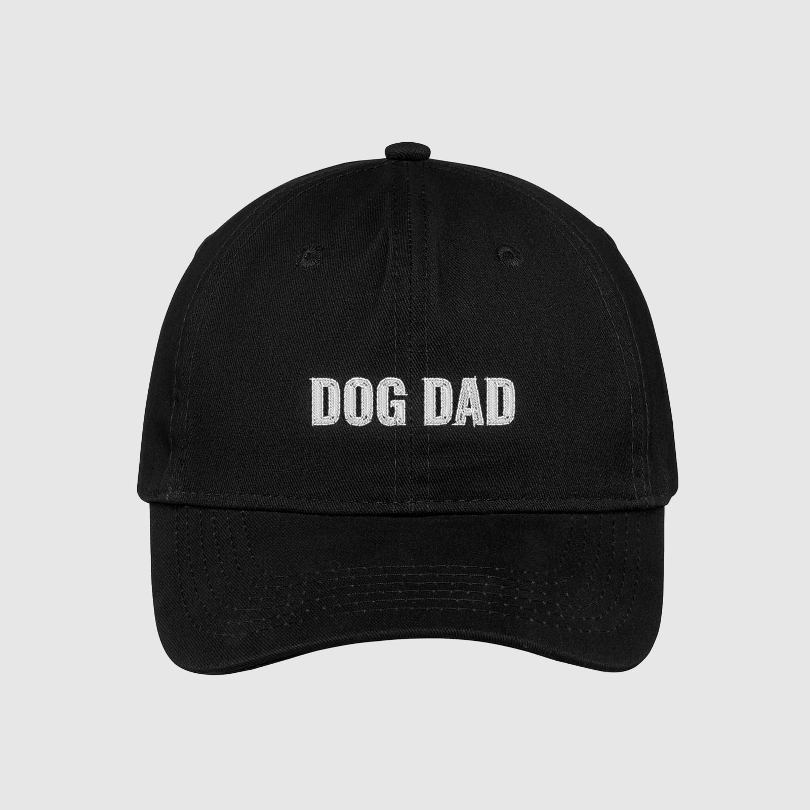 Black Dog Dad Hat embroidered with white text
