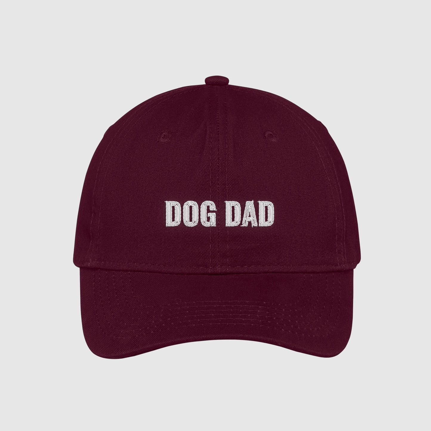 Maroon Dog Dad Hat embroidered with white text