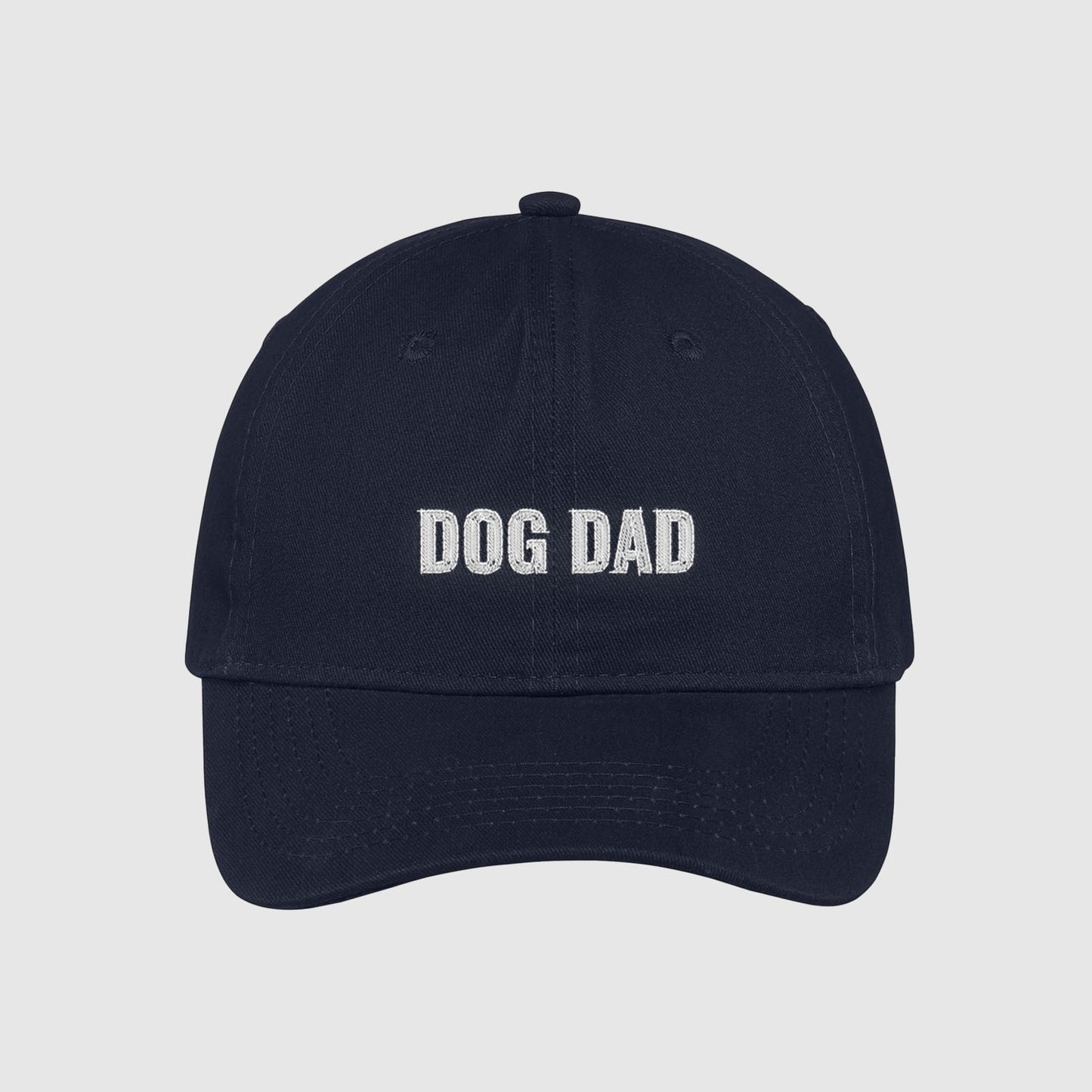Navy Dog Dad Hat embroidered with white text
