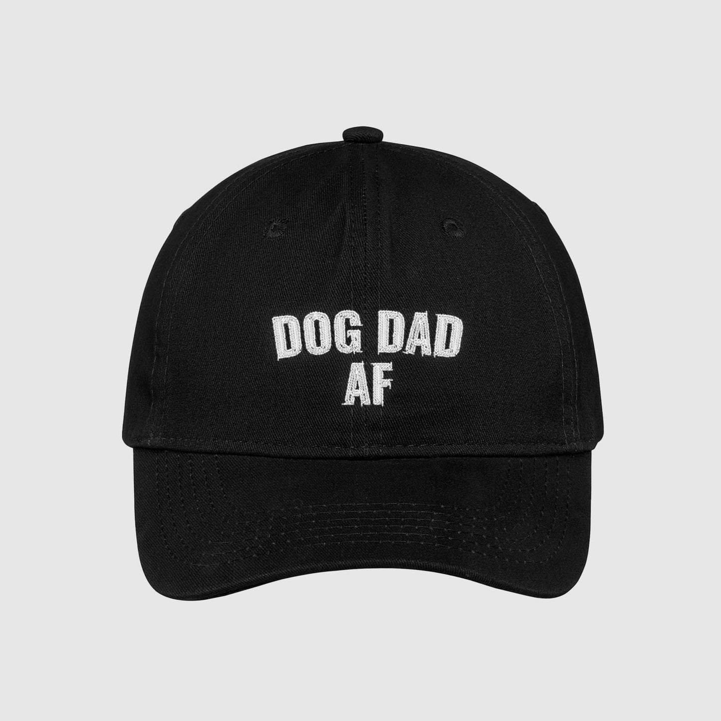 Black Dog Dad AF Hat embroidered with white text