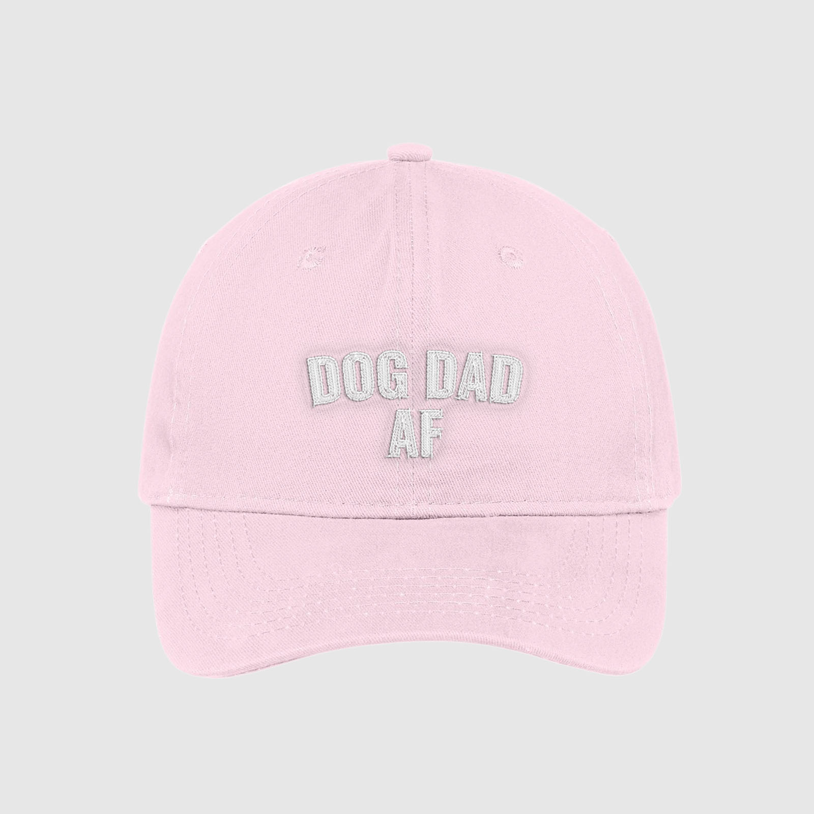 Blush pink Dog Dad AF Hat embroidered with white text