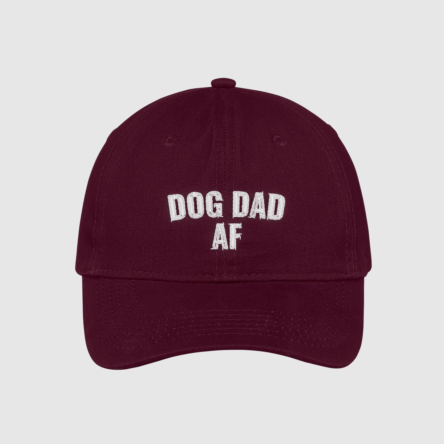 Maroon Dog Dad AF Hat embroidered with white text