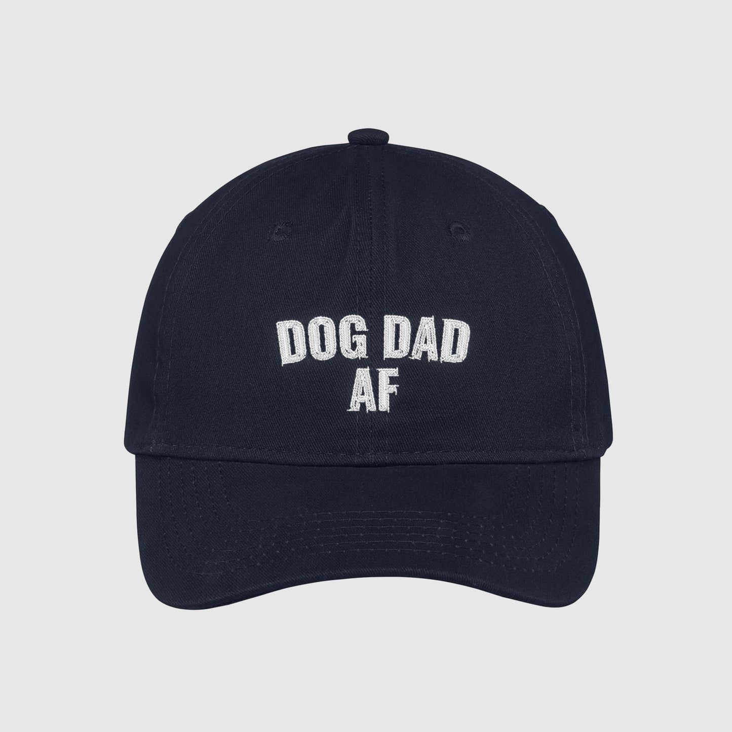 Navy Dog Dad AF Hat embroidered with white text