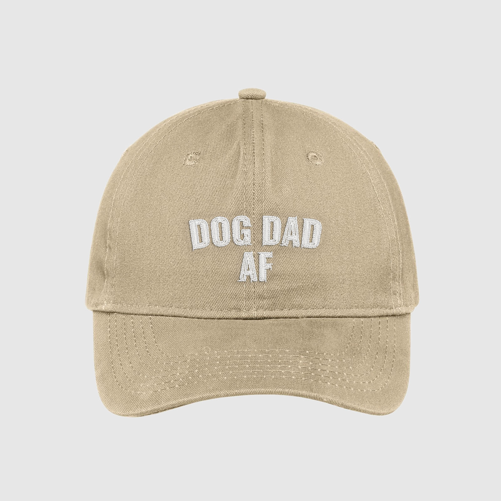 Tan Dog Dad AF Hat embroidered with white text