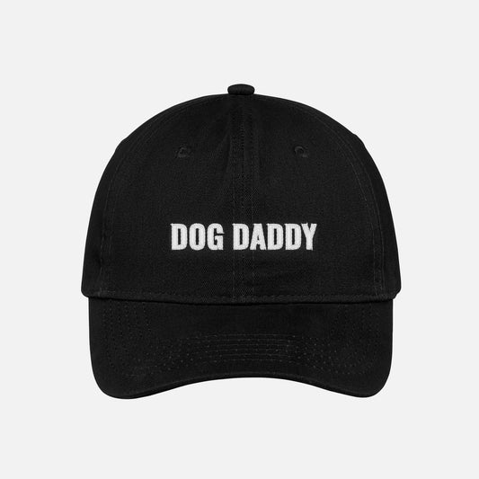 Black dog daddy dad hat embroidered baseball cap with white text.