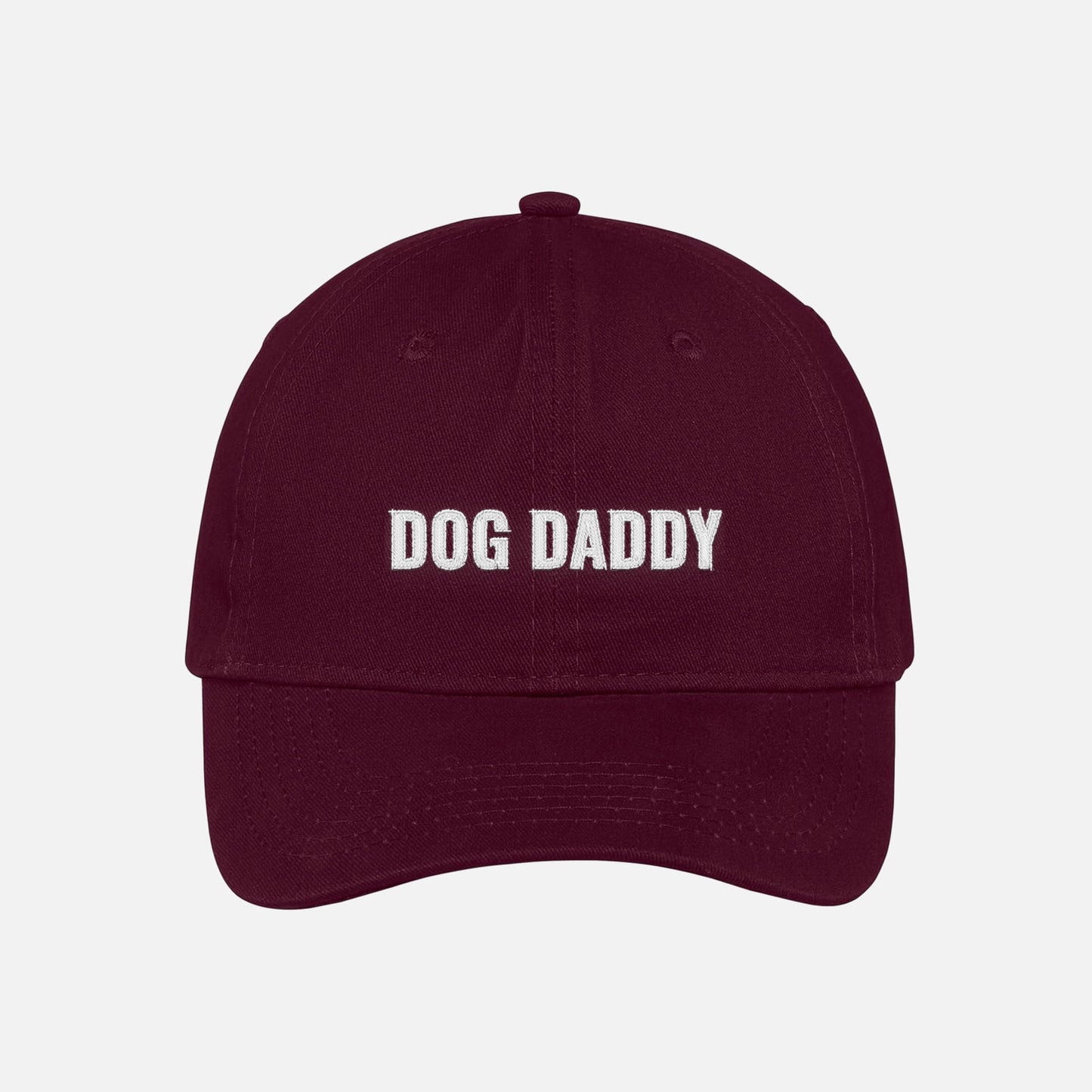 Maroon dog daddy dad hat embroidered baseball cap with white text.