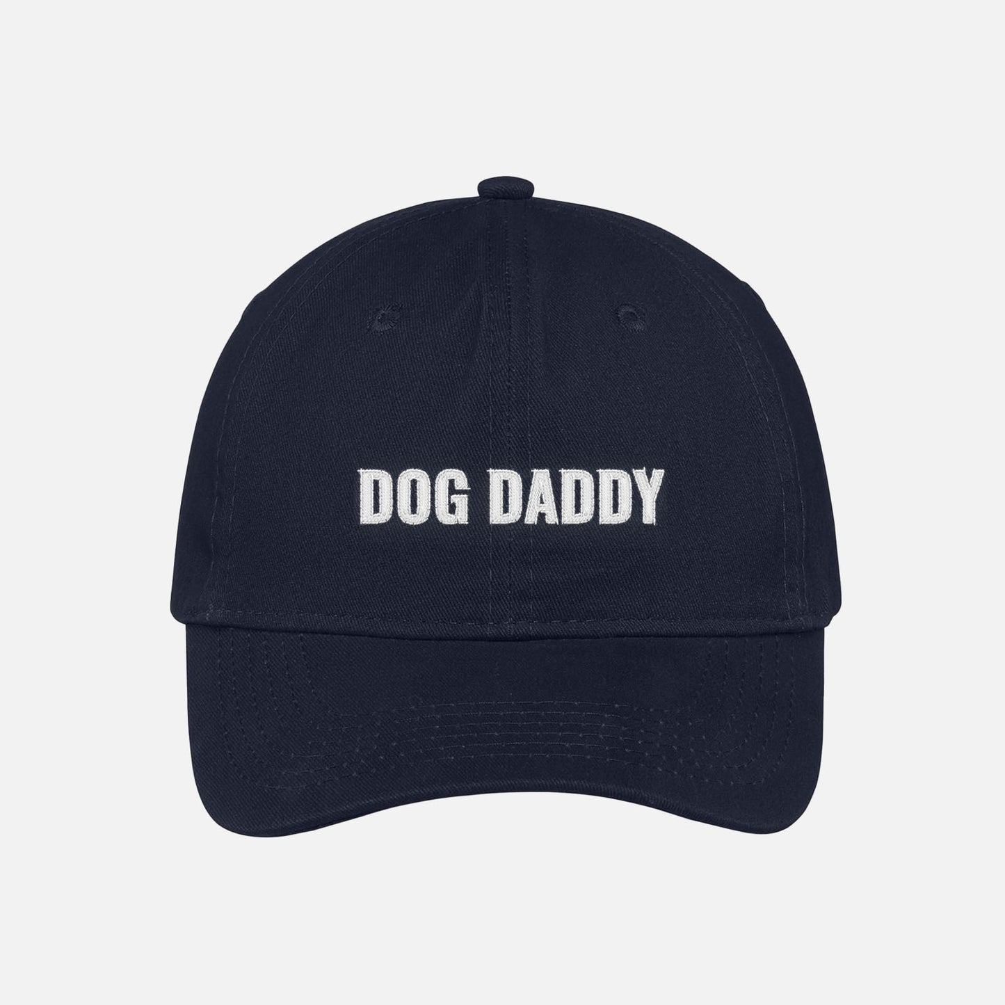 Navy dog daddy dad hat embroidered baseball cap with white text.