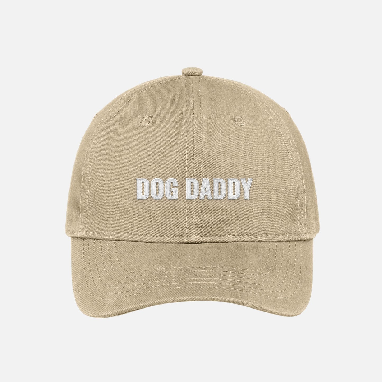Khaki dog daddy dad hat embroidered baseball cap with white text.