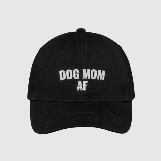 Black Dog Mom AF Hat embroidered with white text.