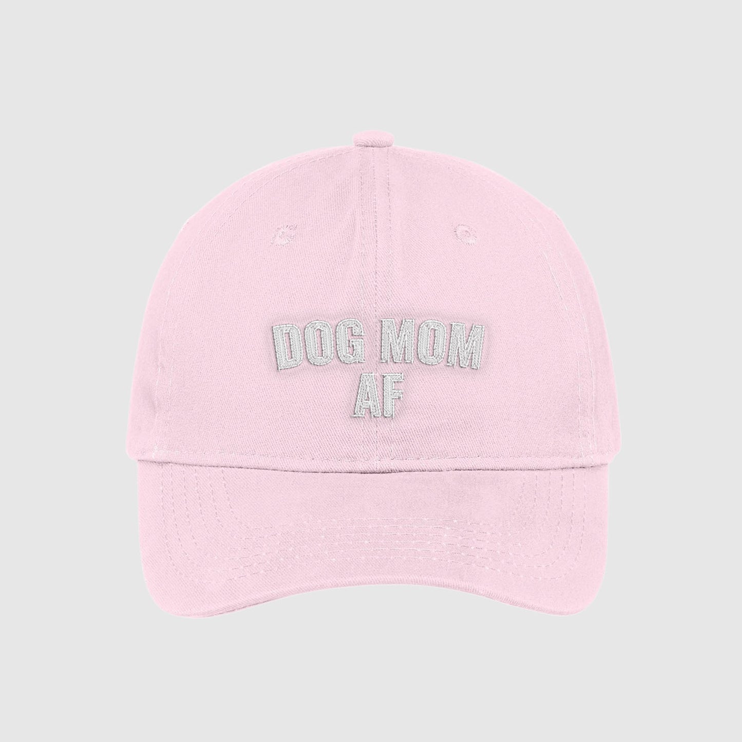 Blush pink Dog Mom AF Hat embroidered with white text.