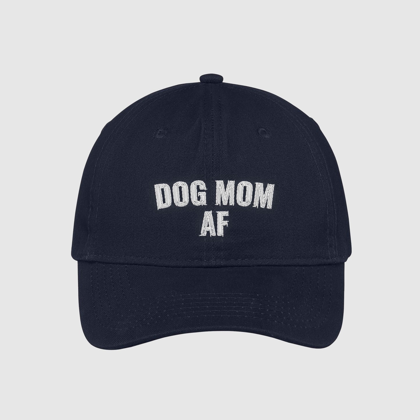 Navy Dog Mom AF Hat embroidered with white text.
