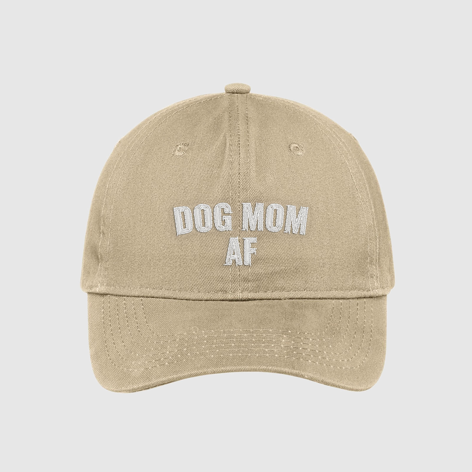 Tan Dog Mom AF Hat embroidered with white text.