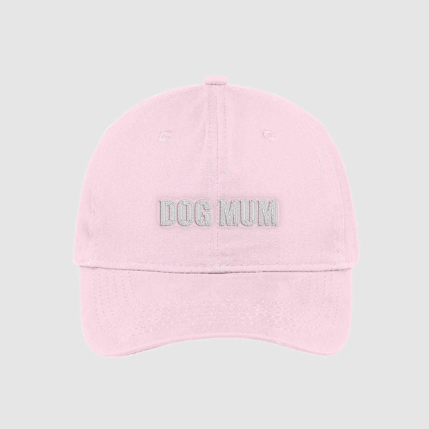 Blush pink Dog Mum Hat embroidered with white text.