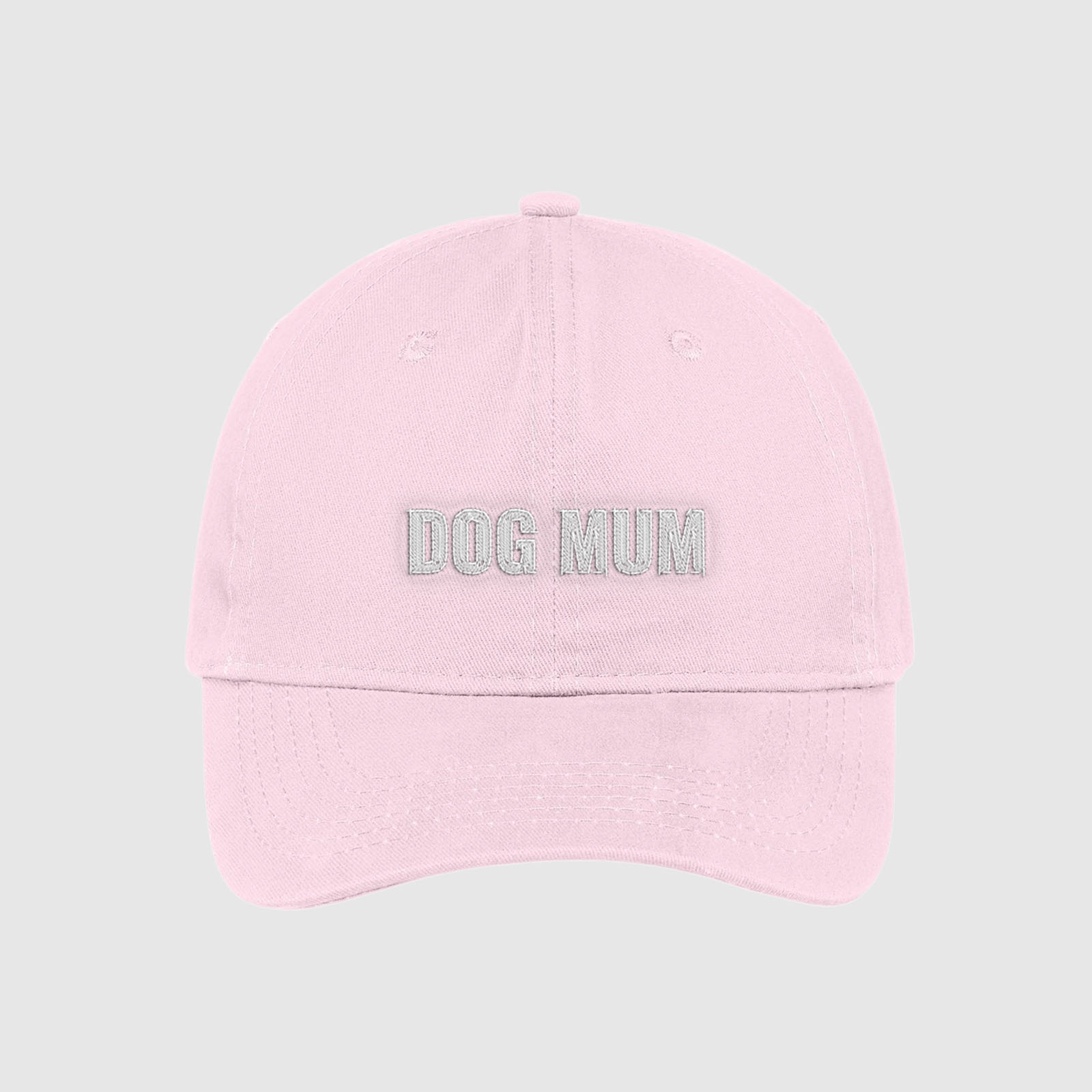 Blush pink Dog Mum Hat embroidered with white text.