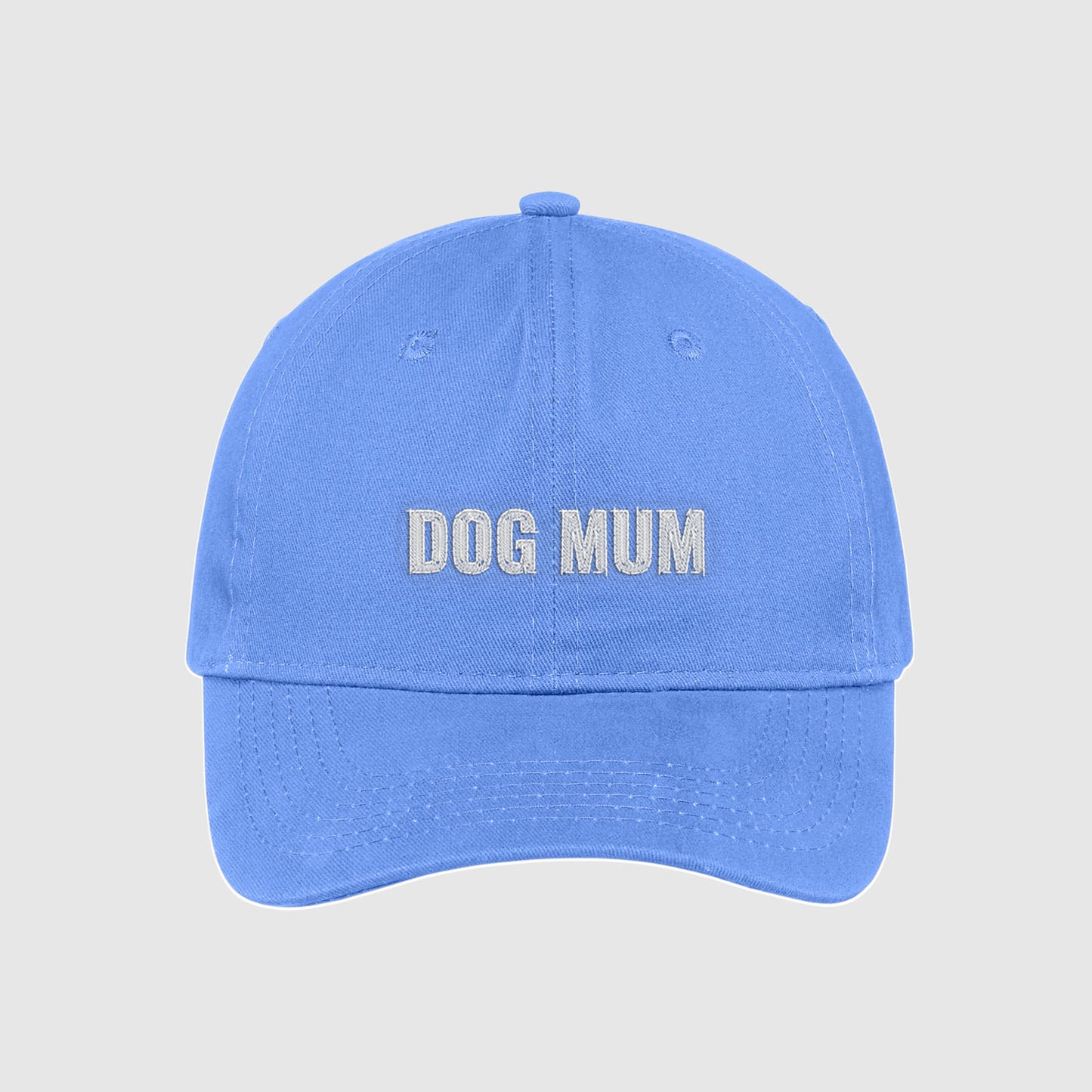 Carolina Blue Dog Mum Hat embroidered with white text.