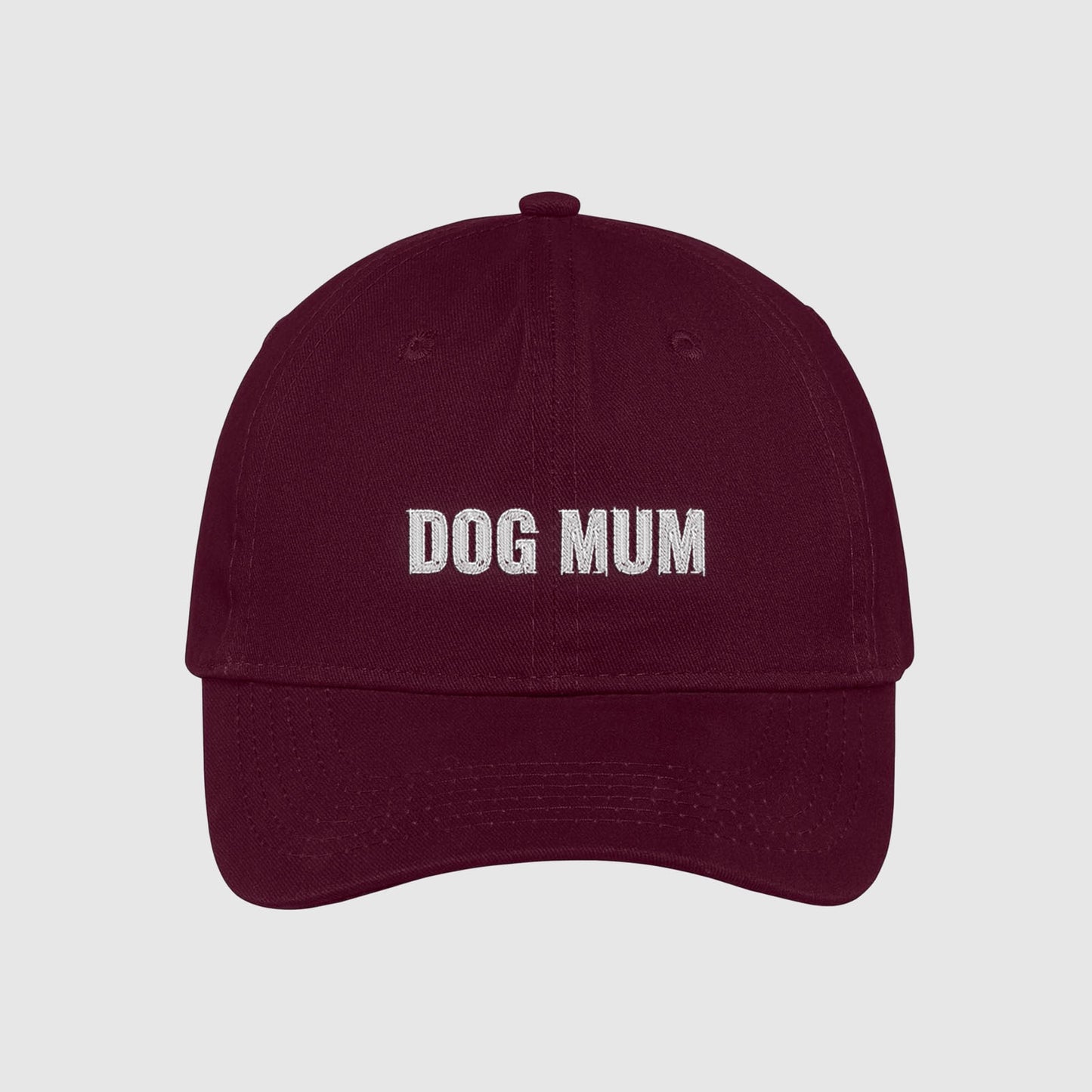 Maroon Dog Mum Hat embroidered with white text.