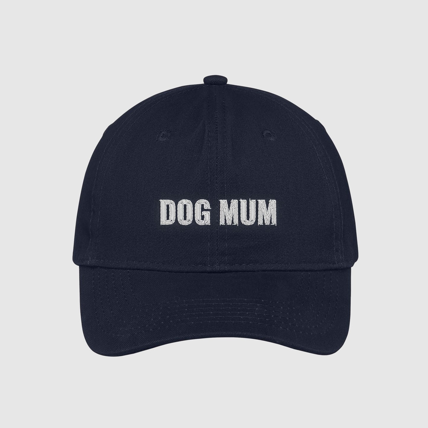 Navy Dog Mum Hat embroidered with white text.