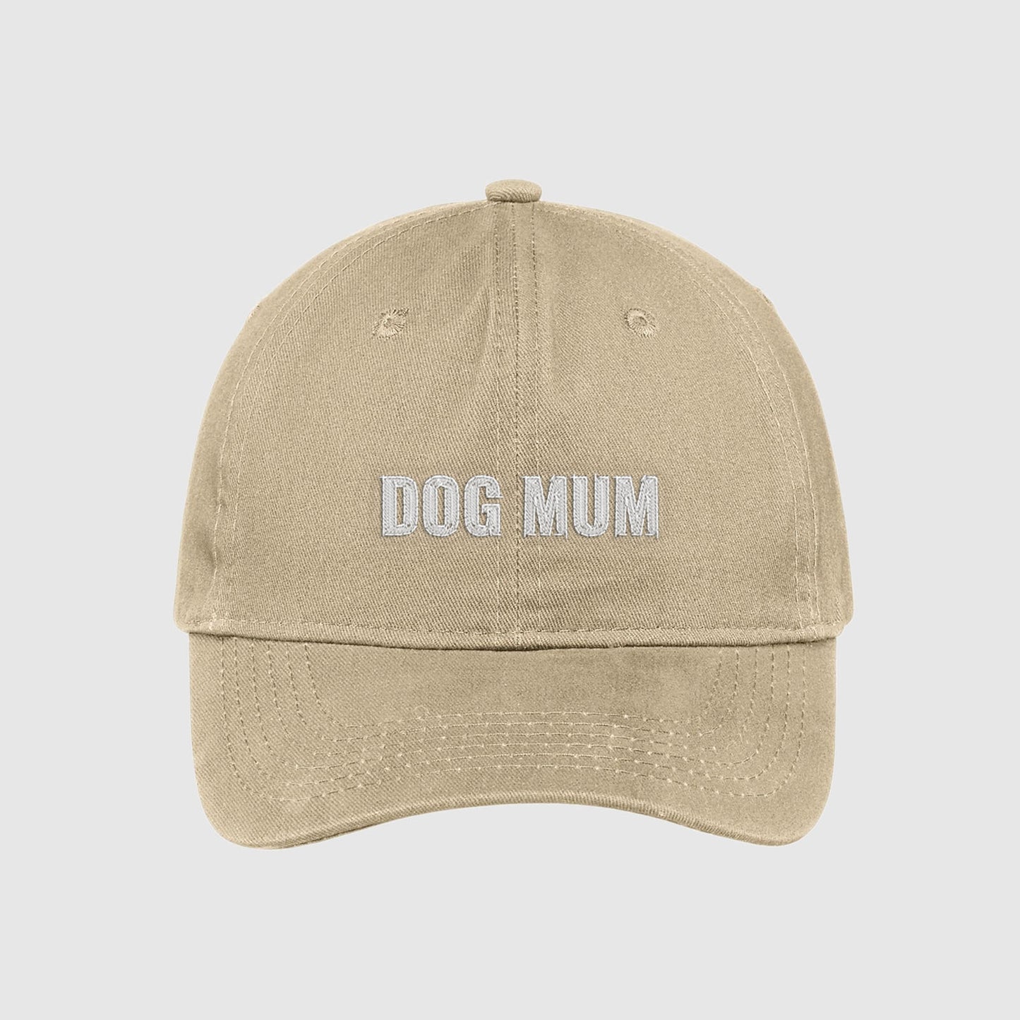 Tan Dog Mum Hat embroidered with white text.