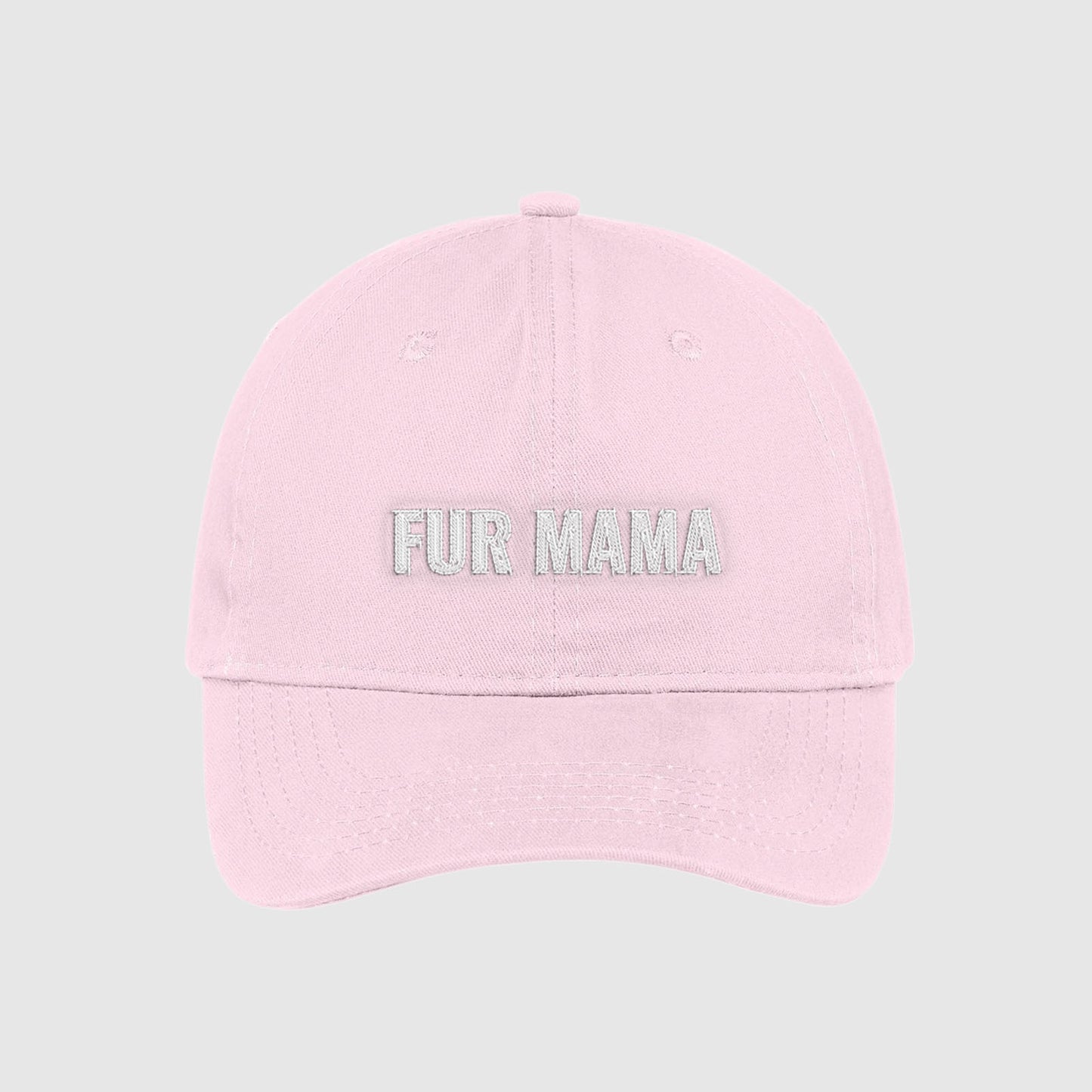 Blush pink Fur Mama dad Hat for dog moms embroidered with white text.
