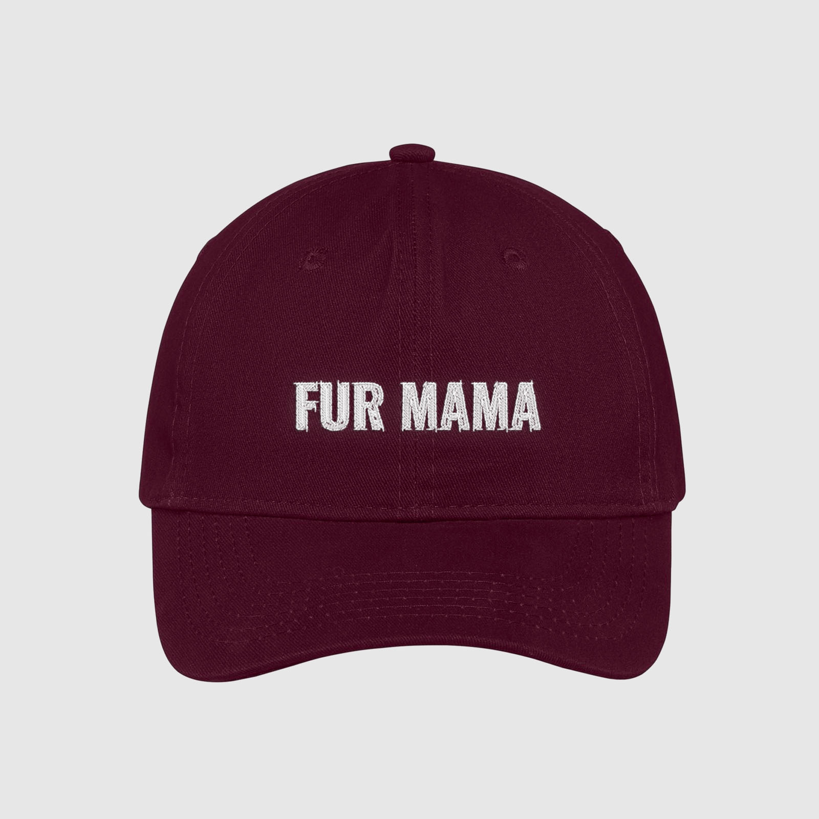 Maroon Fur Mama dad Hat for dog moms embroidered with white text.