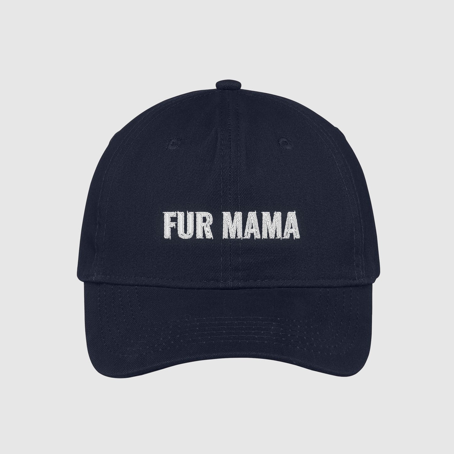 Navy Fur Mama dad Hat for dog moms embroidered with white text.