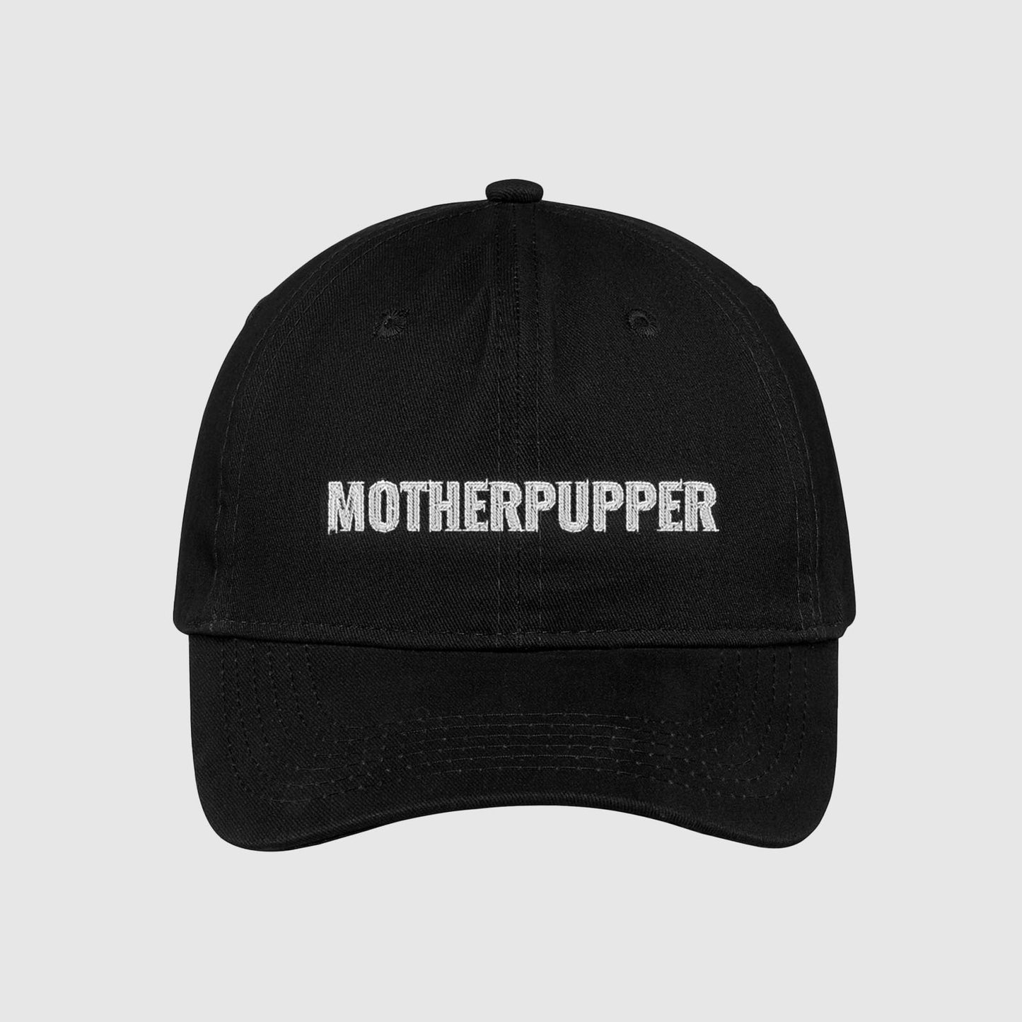Black Mother Pupper dad Hat for dog moms embroidered with white text.