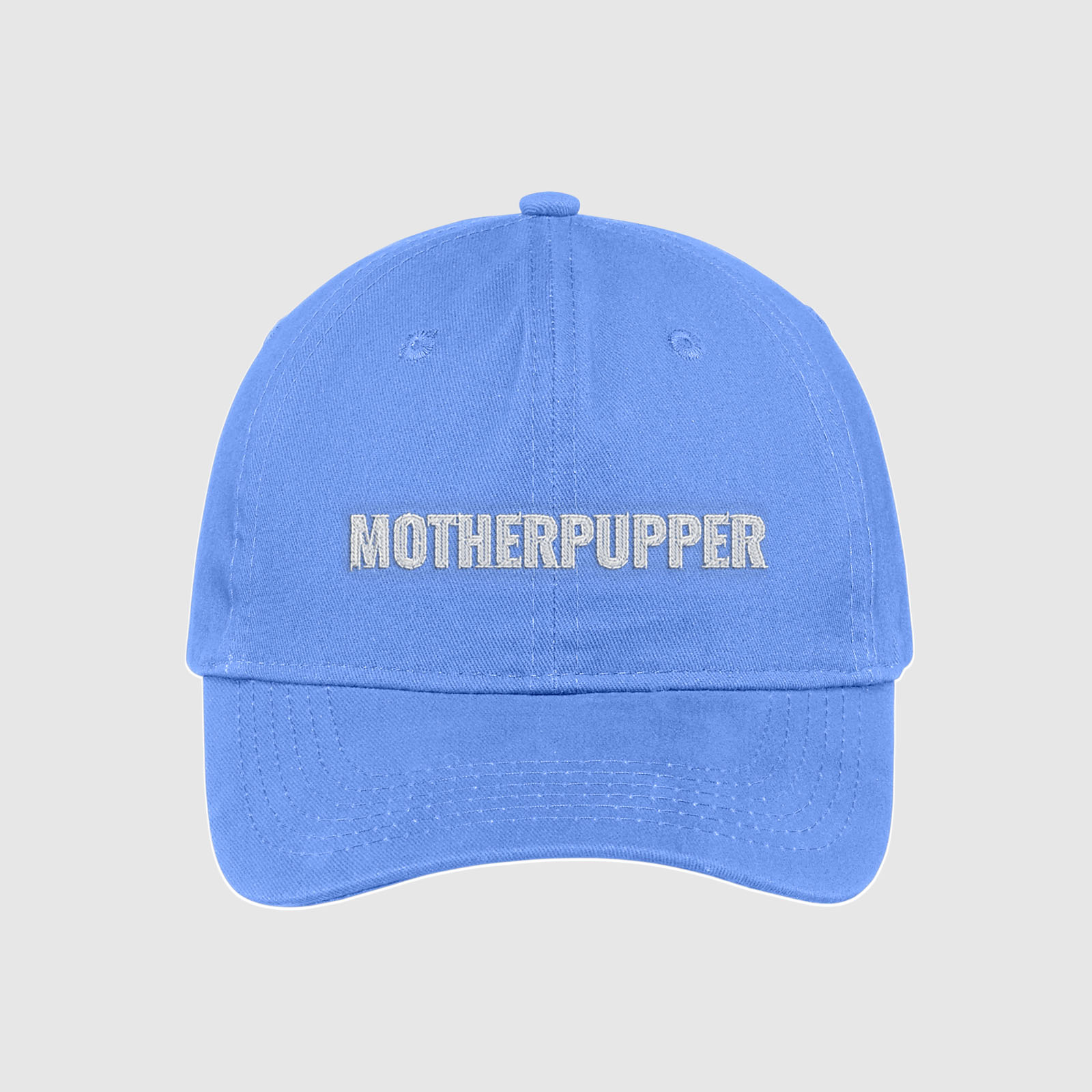 Carolina Blue Mother Pupper dad Hat for dog moms embroidered with white text.
