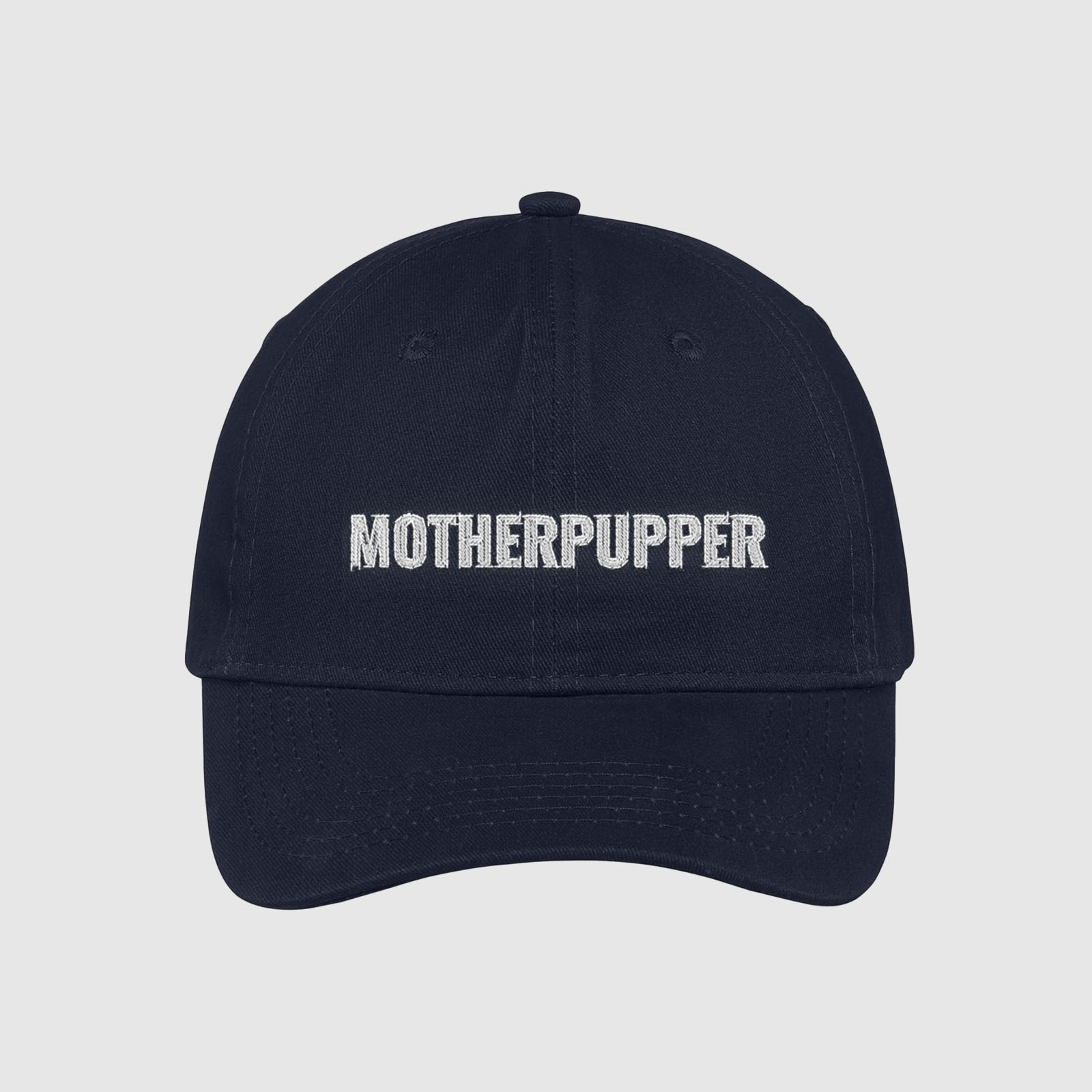 Navy Mother Pupper dad Hat for dog moms embroidered with white text.