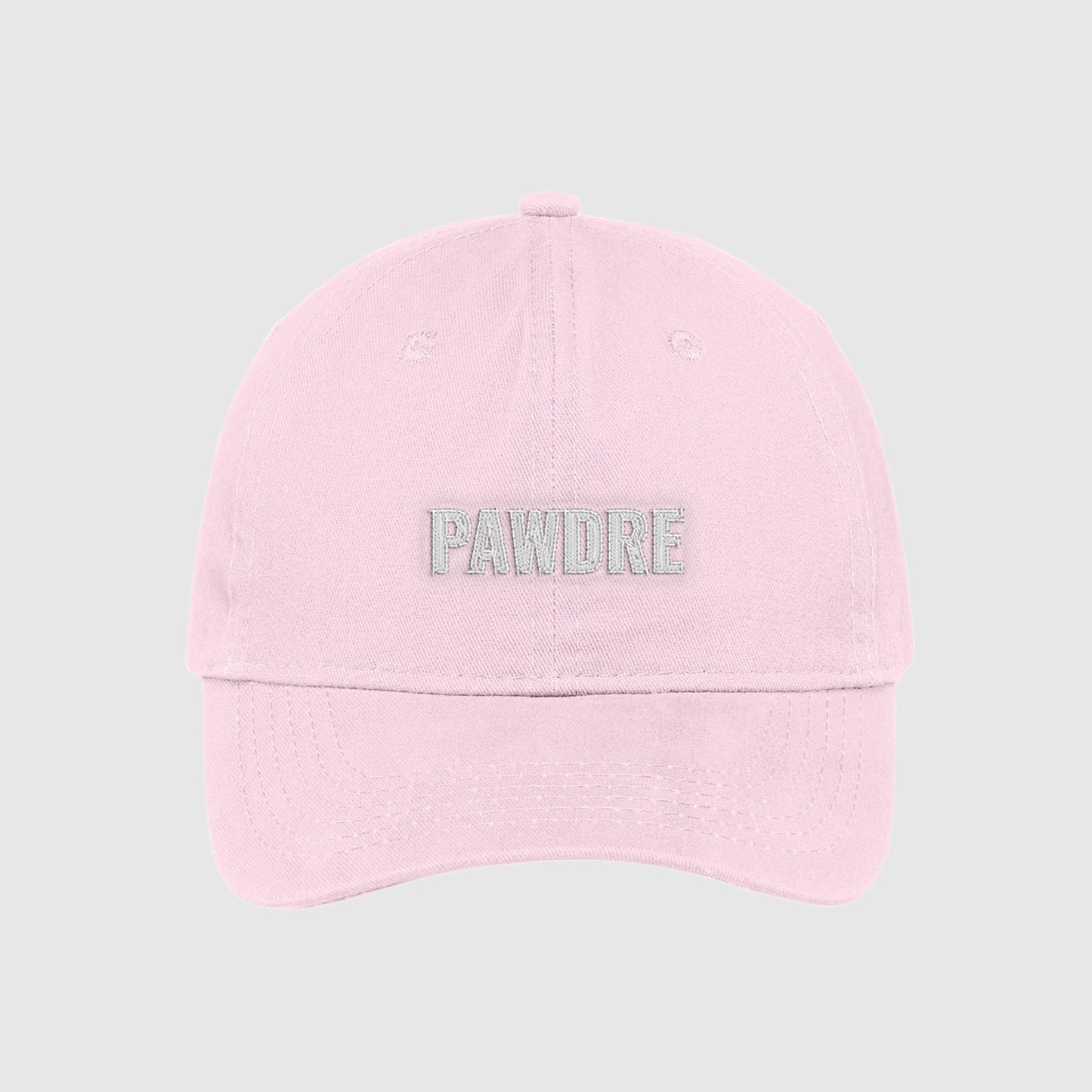 Blush pink Pawdre Hat embroidered with white text.