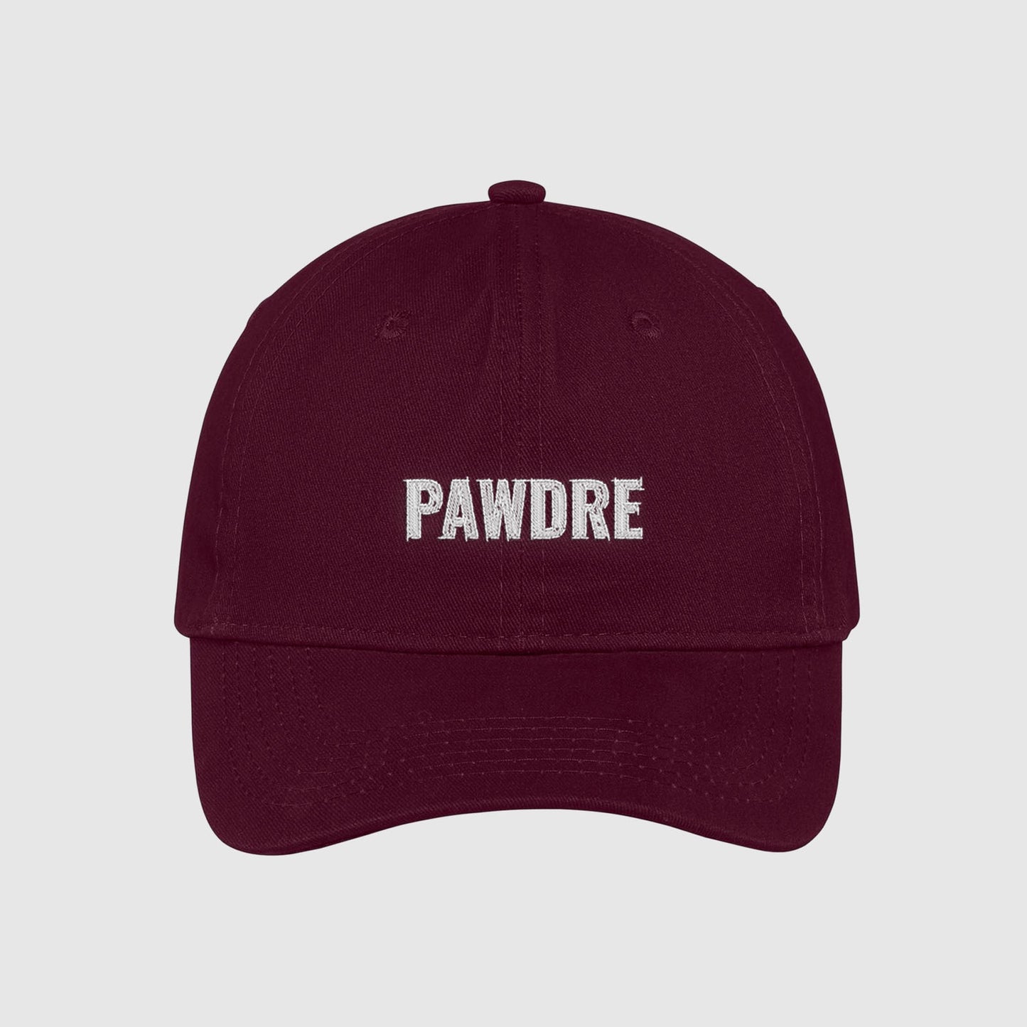 Maroon Pawdre Hat embroidered with white text.