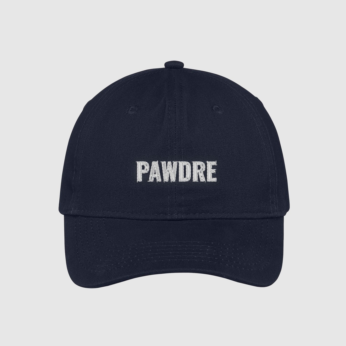 Navy Pawdre Hat embroidered with white text.