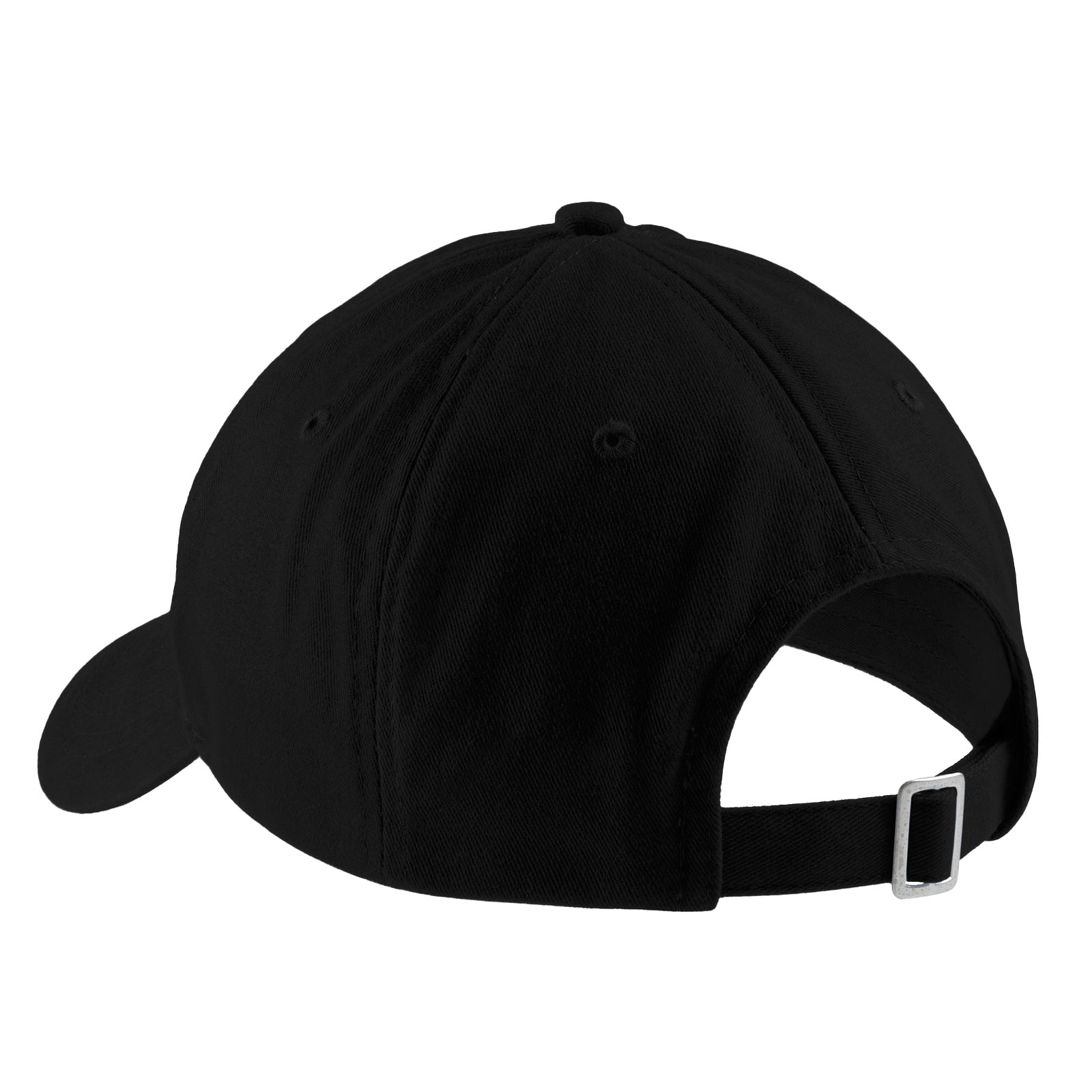 Back of a black dog custom dad hat with an adjustable strap.